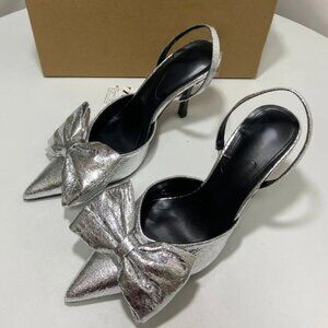 Elegant bow pointed toe summer shoes silver party high heel sandals for women